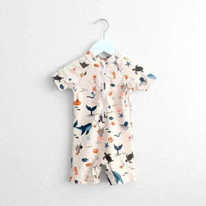 NWT Cute Boys One-Piece Swimsuit ShortSleeve Swimwear Summer Under the Sea 6-12M